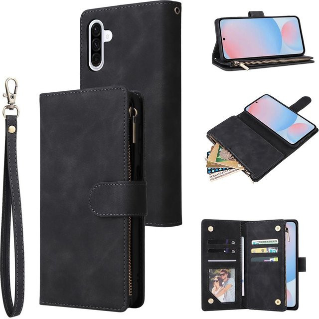Lederhülle mit Lanyard und Reißverschluss Geldbörse für Samsung Galaxy A35 A55 A54 A34 A15 A14 A13 A33 A53 A73 A56 5G in Schwarz - Bild 1