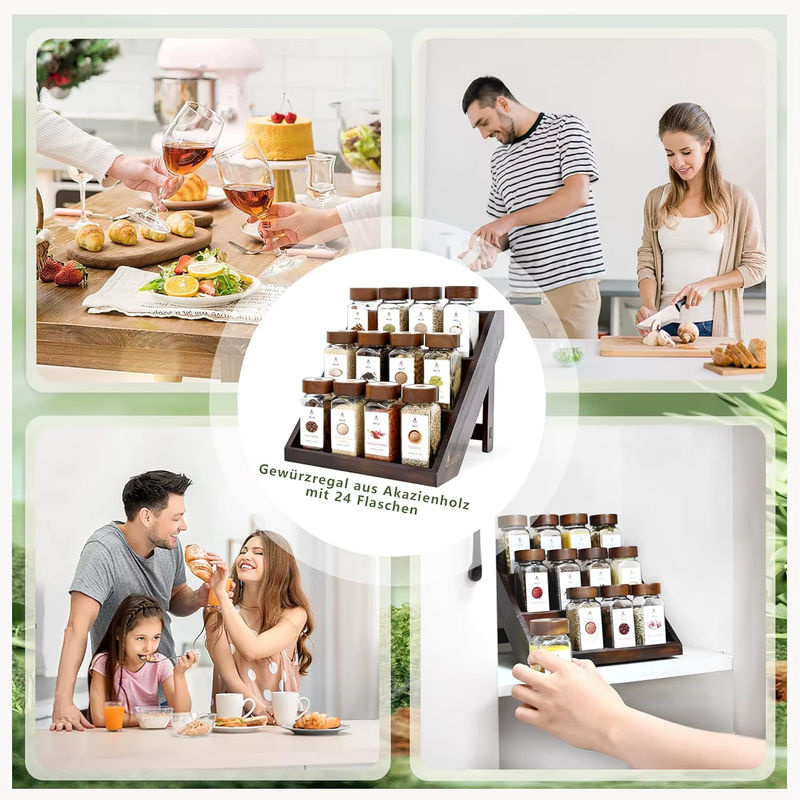 SAEIV Gewürzflaschen-Set aus Glas mit Gewürzregal aus Acacia-Holz, transparent und braun, inklusive Etiketten, 120 ml pro Flasche - Bild 5