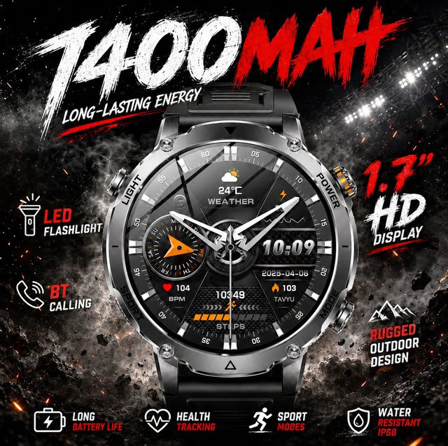 GUHUAVMI Smartwatch für Herren mit 1,7 Zoll HD-Display, 1400mAh Akku, Bluetooth-Anruffunktion, LED-Taschenlampe und IP68 Wasserdichtigkeit, Schwarz - Bild 1