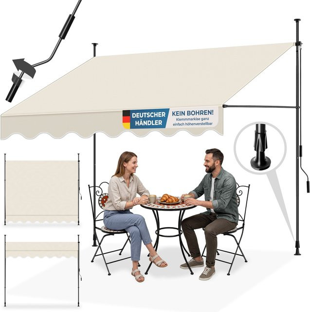 tectake Klemmmarkise mit Handkurbel in Beige, B: 250 cm, H: 211 - 304 cm - Bild 1