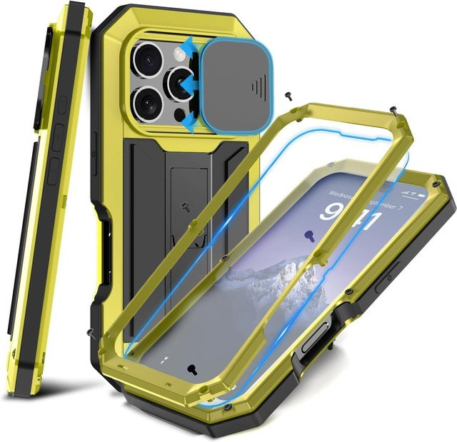 Thunder ii Robuste Metallhülle für iPhone 16e, iPhone 16 Plus, iPhone 16 Pro Max und iPhone 16 in Gelb mit Stoßfestem Schutz und Linsen-Schiebdeckel - Bild 1