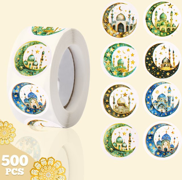 500 Stück EID Mubarak Rollenaufkleber für Ramadan Kareem als bunte Siegelaufkleber und Geschenketiketten für das Islam Muslim Festival - Bild 1