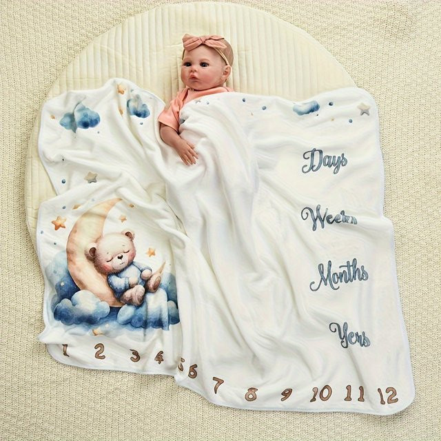 VIKAMA Baby-Fotografie-Decke mit Mond- und Hasen-Cartoon-Print für Neugeborene und Meilenstein-Erinnerungen - Bild 1