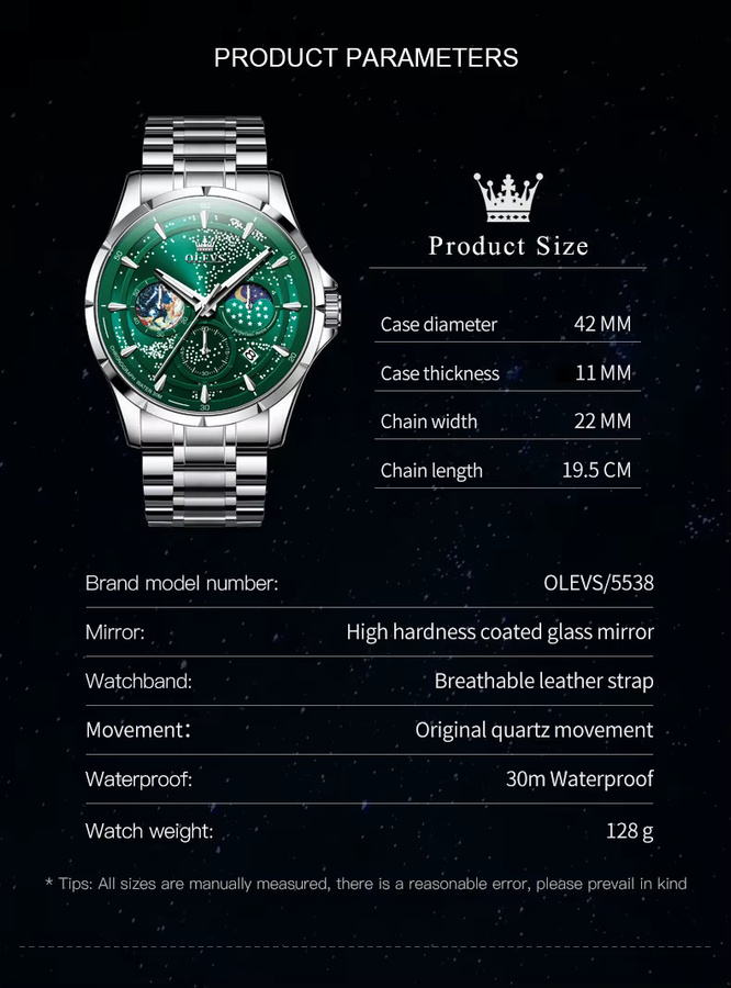 OLEVS Armbanduhr Chronograph, Quarz, Edelstahl, Grün, Herren - Bild 6