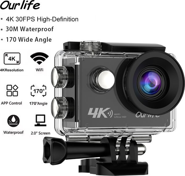 Ourlife 4K Action Kamera Ultra HD 16MP mit WiFi und 2,0 Zoll Bildschirm, 170D DVR Webcam für Unterwasseraufnahmen bis 30M und Sportaufnahmen - Bild 1