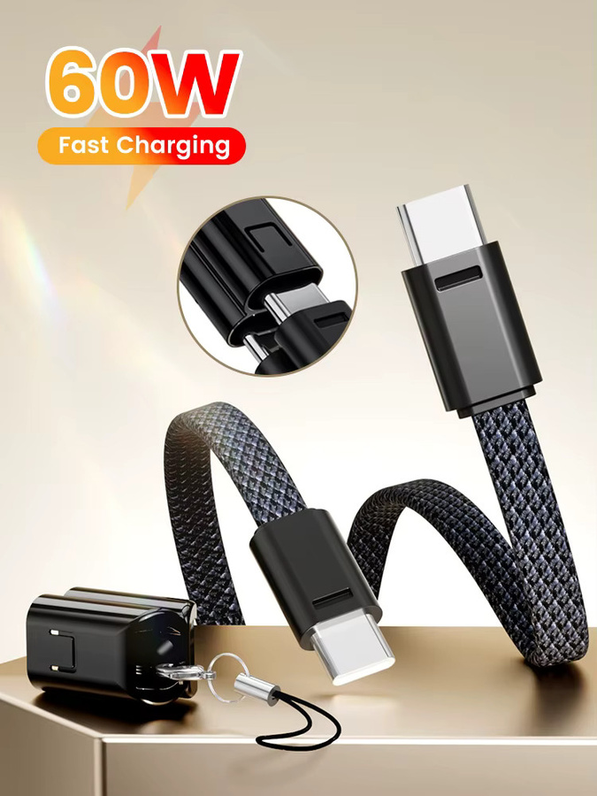 USB Typ C zu Typ C Ladekabel in Schwarz mit Schlüsselanhänger-Design für iPhone 15, 16, Samsung und Xiaomi - Bild 1