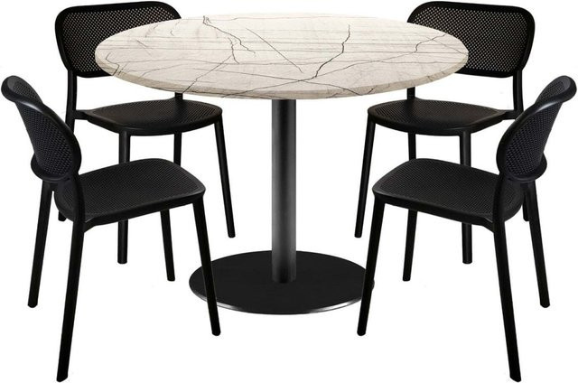 RestooTab Esstisch-Set Rome XL mit 4 Stühlen, runder Esstisch in Stein-Optik, wollweiß/grau/marmoriert mit schwarzem Gestell, Durchmesser: 120 cm, Höhe: 75 cm - Bild 1