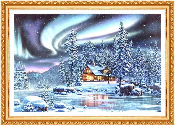 FIYO 5D-Diamantgemälde Snow Scenic zum Selbermachen, Stickerei als Diamant-Kreuzstich in Grau und Multicolour, B x H: 30 x 20 cm