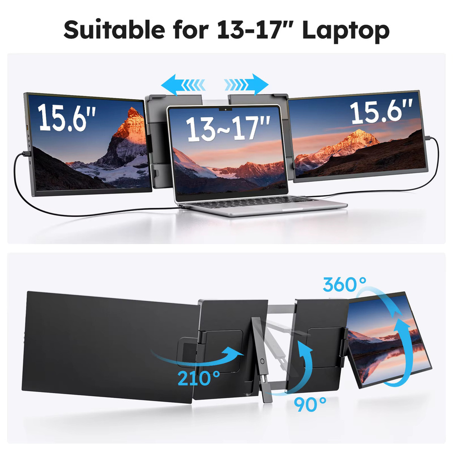 Dopesplay Triple Screen Extender für Laptops 15,6 Zoll, 1080P FHD IPS Dual Externe Monitore für Macbook und Windows, Schwarz - Bild 4