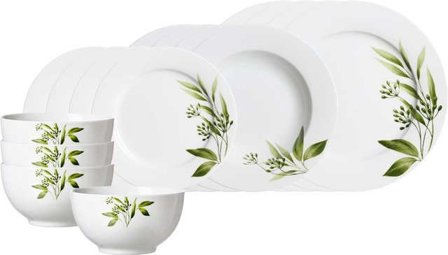 Ritzenhoff & Breker Evora Dinner Service aus Porzellan und Keramik, 16er Set, Floral, Green/White - Bild 1