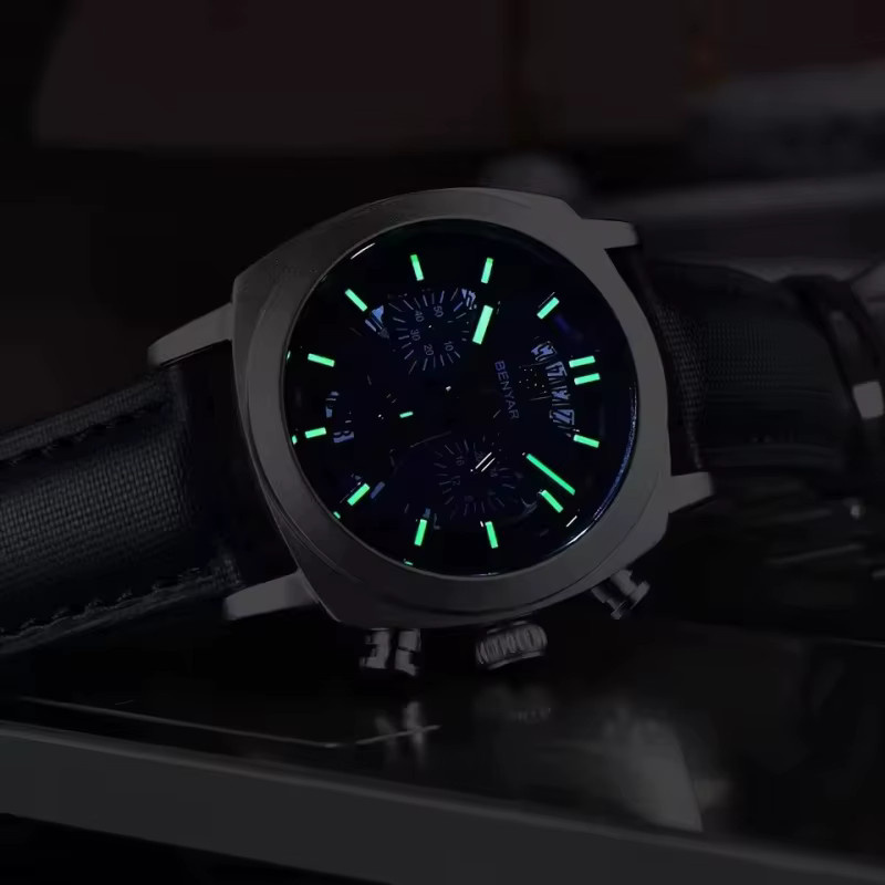 BENYAR Chronograph Herren-Sportuhr, Quarz, Lederarmband, Edelstahl, Silver Blue - Bild 3