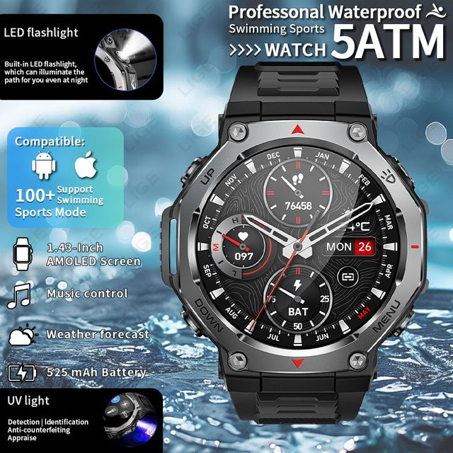 LIGE Smartwatch, Herren, Schwarz, Silikon, 5 ATM, Bluetooth - Bild 1