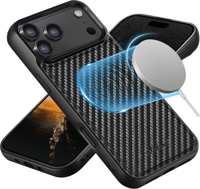 SUTENI Luxus Kunstleder Handyhülle mit Gitterstruktur und kabellosem Laden für iPhone, Schwarz - Bild 1