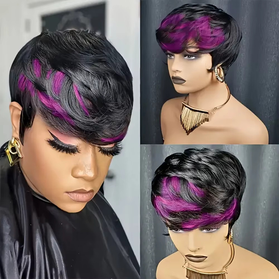 OYM HAIR Pixie-Schnitt-Perücke, Echthaar, lila, Damen - Bild 3