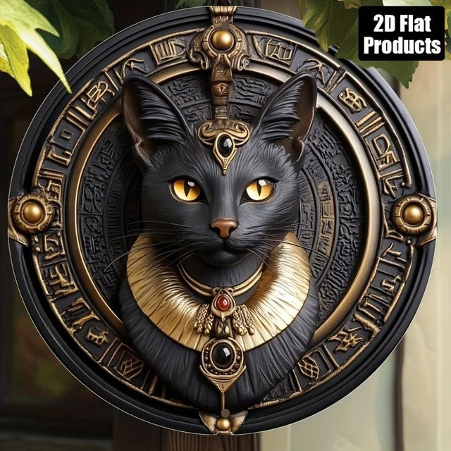 CIFBUY Vintage Ägyptische Schwarze Katze Wandkunst aus Metall, Rundes Aluminium-Schild in Schwarz und Gold mit Sphinx-Motiv - Bild 1