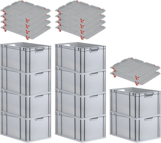 PROREGAL SparSet 10x Eurobox NextGen Grip mit Auflagedeckel und 4 roten Schiebeschnappverschlüssen, Grau, H x B x T: 32 x 40 x 60 cm - Bild 1