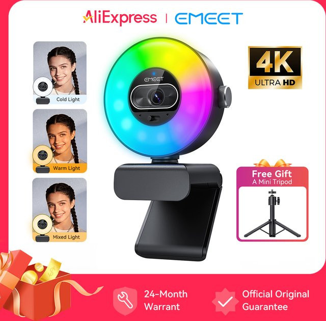 EMEET S600 Light 4K UHD Webcam mit integrierter Beleuchtung, 8MP USB-Videokamera mit Autofokus und 73 Grad Sichtfeld, Schwarz - Bild 1