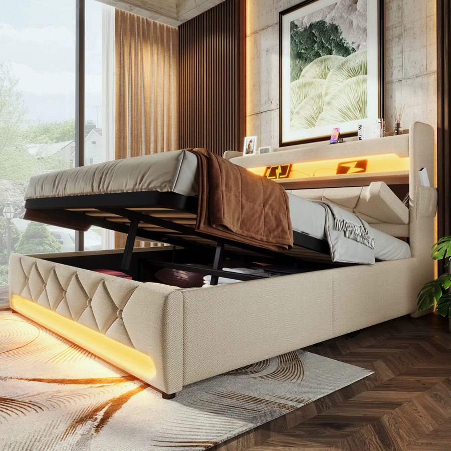 KOMHTOM Doppelbett aus Leinen mit USB- und Typ-C-Anschluss, 360-Grad-LED-Beleuchtung und hydraulischem Stauraum, B/T/H: 90 x 200 cm, Grau/Beige - Bild 3