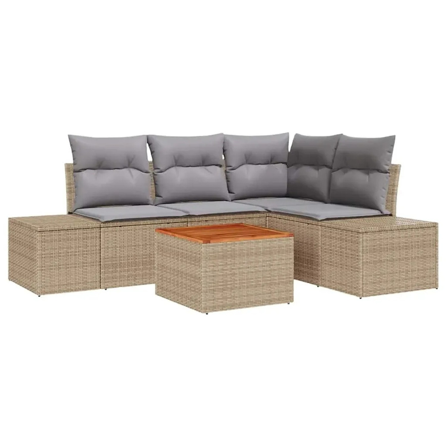 vidaXL Garten-Sofa-Set 5-teilig in Beige und Hellgrau mit Polstern und L-Form aus Polyrattan, Akazienholz und pulverbeschichtetem Stahl - Bild 2