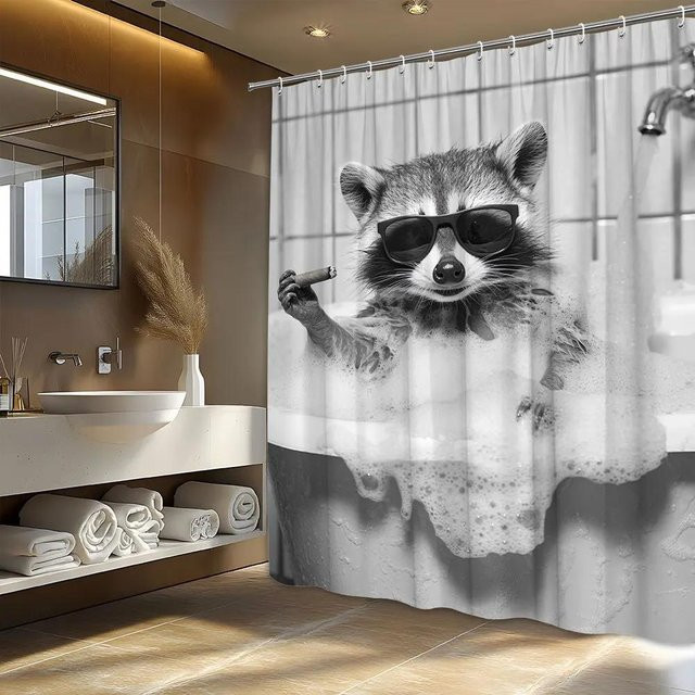 Lustiger Duschvorhang mit Waschbär in Badewanne von Dai Jiaochuan, grau, Polyester, B: 160 cm, H: 160 cm - Bild 1