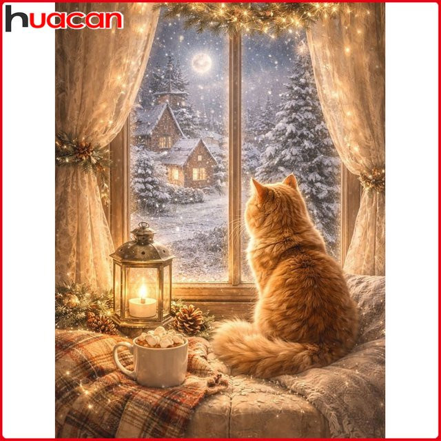 Huacan 5D DIY Diamantmalerei Winter-Katze Mosaik Set mit runden Steinen in Mehrfarbig, B/H: 20 x 30 cm - Bild 1