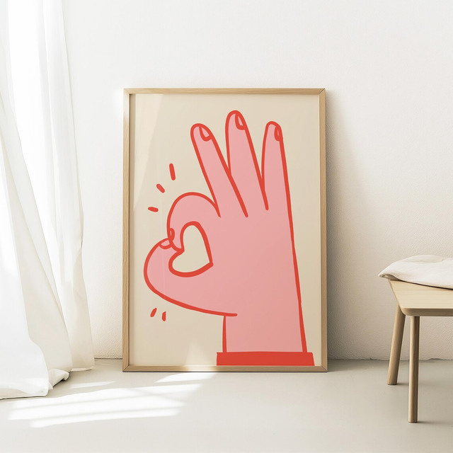 Minimalistischer Wandposter von SHENCHEN mit rosa OK-Hand-Linienkunst und Herz-Motiv in abstrakter Gestaltung - Bild 1