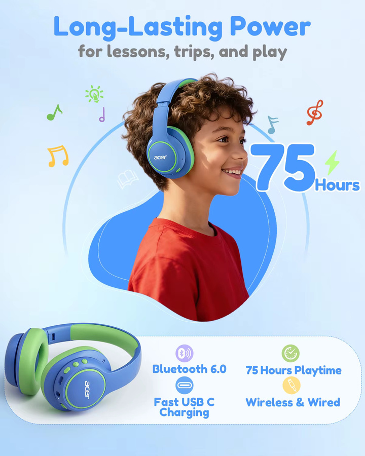 Acer Choice Kinder Over-Ear-Kopfhörer mit Bluetooth 6.0 und Mikrofon in Blau/Mehrfarbig mit USB-C Schnellladung - Bild 3
