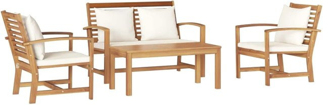 vidaXL Gartenmöbel-Set aus Teak Massivholz in Braun mit Beigefarbenen Polstern, bestehend aus 2-Sitzer Sofa, 2 Loungesesseln und Couchtisch - Bild 1