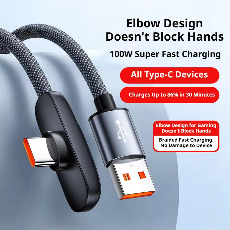 USB auf Typ-C Schnellladekabel mit 90 Grad Winkel, 100W PD Super Charging Game Cable, Schwarz - Bild 3