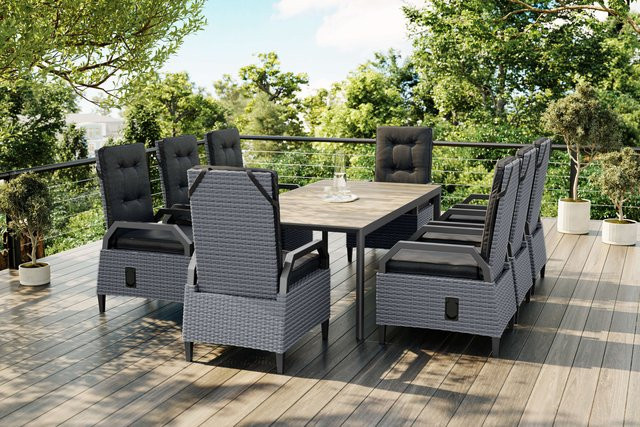 OUTFLEXX Darwin Garten-Essgruppe aus Aluminium und Polyrattan mit 8 Dining Sesseln, anthrazit/grau, Tisch B: 200 cm, T: 100 cm - Bild 1