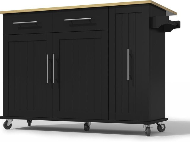 Mobile Kücheninsel von TG Electrical DE in Schwarz und Natur mit ausklappbarer Arbeitsplatte und 3-stufigem ausziehbarem Schrank-Organizer, B/T/H: 120 x 40/65 x 90 cm - Bild 1