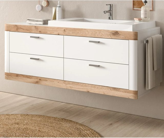 Sopela Waschbeckenunterschrank mit Waschbecken in Weiß und Eiche, Wandmontage, Breite: 133 cm - Bild 1