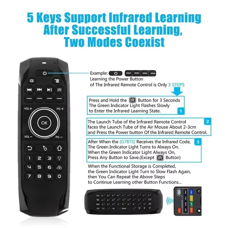 Luxuglow G7BTS Bluetooth-Tastatur 5.0 mit Gyroskop Air Mouse und IR-Lernfunktion, Mini-Tastatur mit Hintergrundbeleuchtung für Smart TV Box und PC, Schwarz - Bild 4
