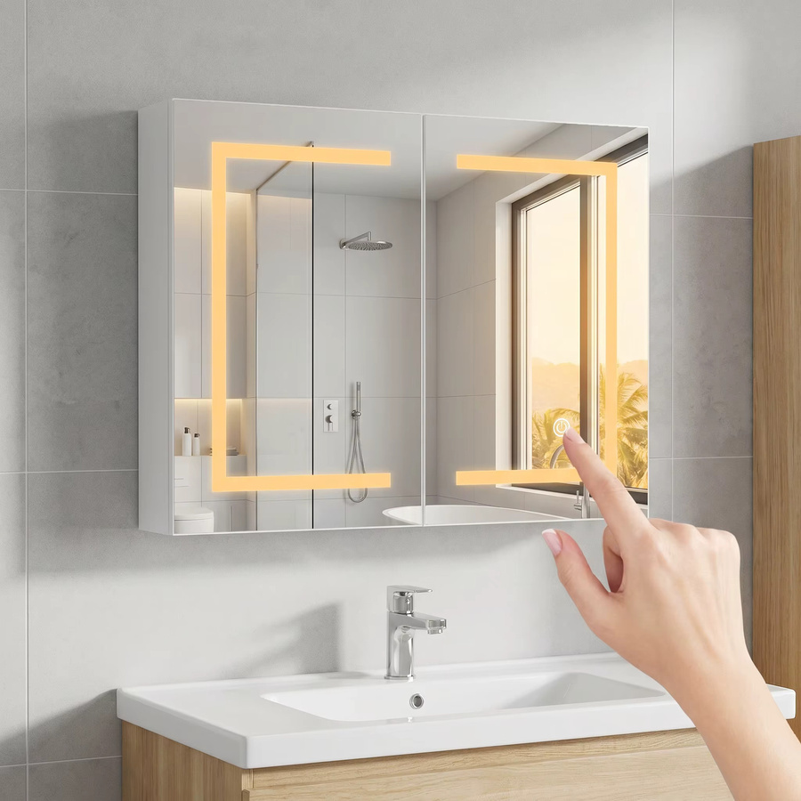 Anajqaqia Badezimmer-Spiegelschrank in Weiß mit LED-Beleuchtung und Touch-Sensor, B/H/T: 80 x 60 x 13,5 cm - Bild 4