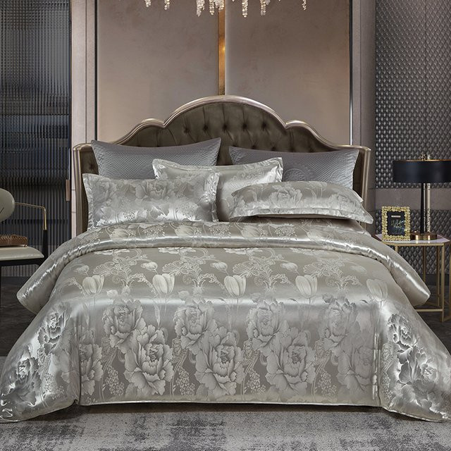 3-teiliges Jacquard-Bettwäsche-Set von xiao qi qi in Silber mit floralem Design, bestehend aus Bettbezug und Kissenbezügen, B/H: 140 x 200 cm - Bild 1