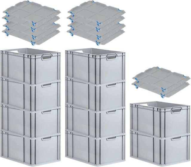 PROREGAL SparSet 10x Eurobox NextGen Grip mit Auflagedeckel in Grau, H x B x T: 32 x 40 x 60 cm, 65 Liter, mit verstärkten Wänden und blauen Schiebeschnappverschlüssen - Bild 1