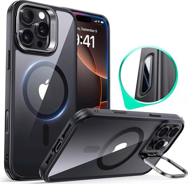 ESR MagSafe Hülle Classic Hybrid Kickstand Slide für Apple iPhone 16 Pro, Schwarz Transparent - Bild 1