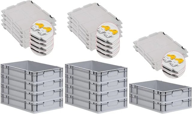 PROREGAL Spar Set 10x Eurobox Nextgen Economy mit Scharnierdeckel und gelben Schiebeschnappverschlüssen, Grau, H x B x T: 12 x 40 x 60 cm, 23 Liter - Bild 1