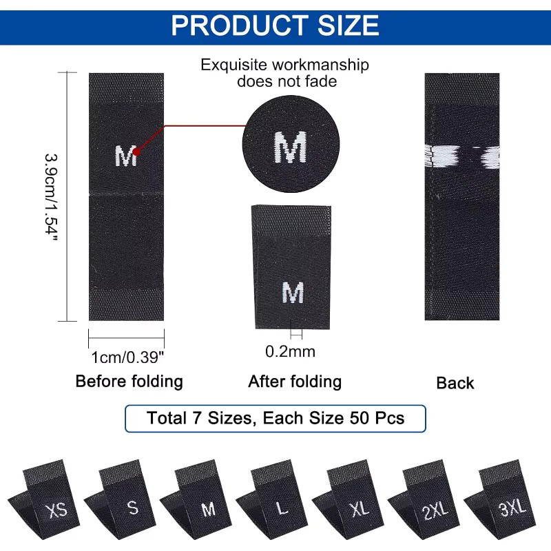 350 Stück Kleidungsgrößenetiketten aus Polyester in Schwarz mit 7 Größen XS bis 3XL zum Annähen - Bild 5