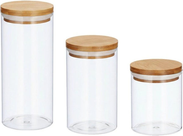 Relaxdays 3er Set Vorratsdosen aus Glas mit Bambus Deckel, transparent und Natur, luftdicht, 500 ml, 700 ml und 1.000 ml