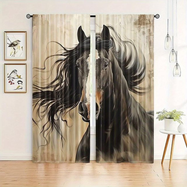 Dekorative Vorhänge mit Pferde-Muster in Mehrfarbig, halbtransparentes Polyester für Wohnzimmer und Schlafzimmer, B: 100 cm, H: 130 cm - Bild 1