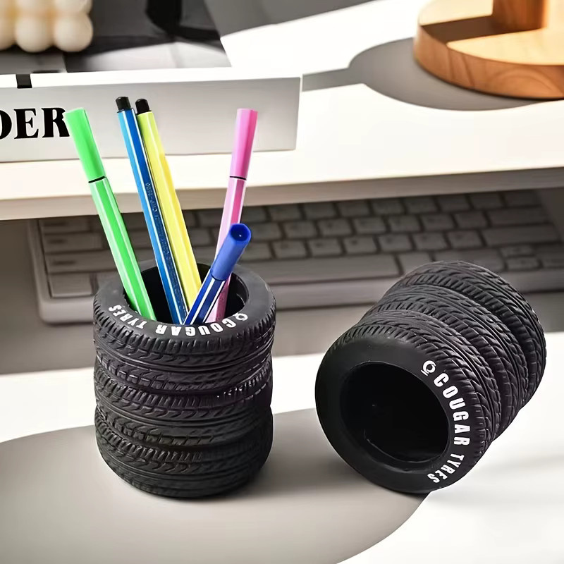 Kreativer Reifen-Stifthalter aus Kunststoff in Schwarz als Schreibtisch-Organizer für Schule und Büro - Bild 6