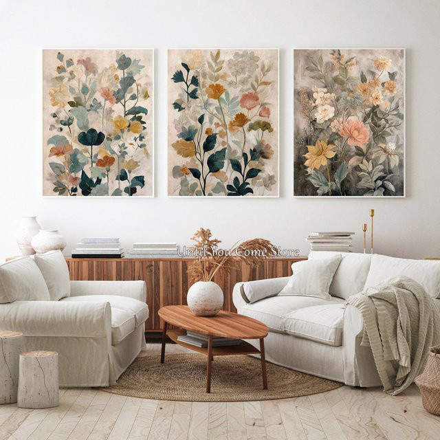 Potdemiel Wandkunst im Boho-Stil mit floralem Blumenmotiv, Posterdruck auf Textil in Beige und Multicolour - Bild 1