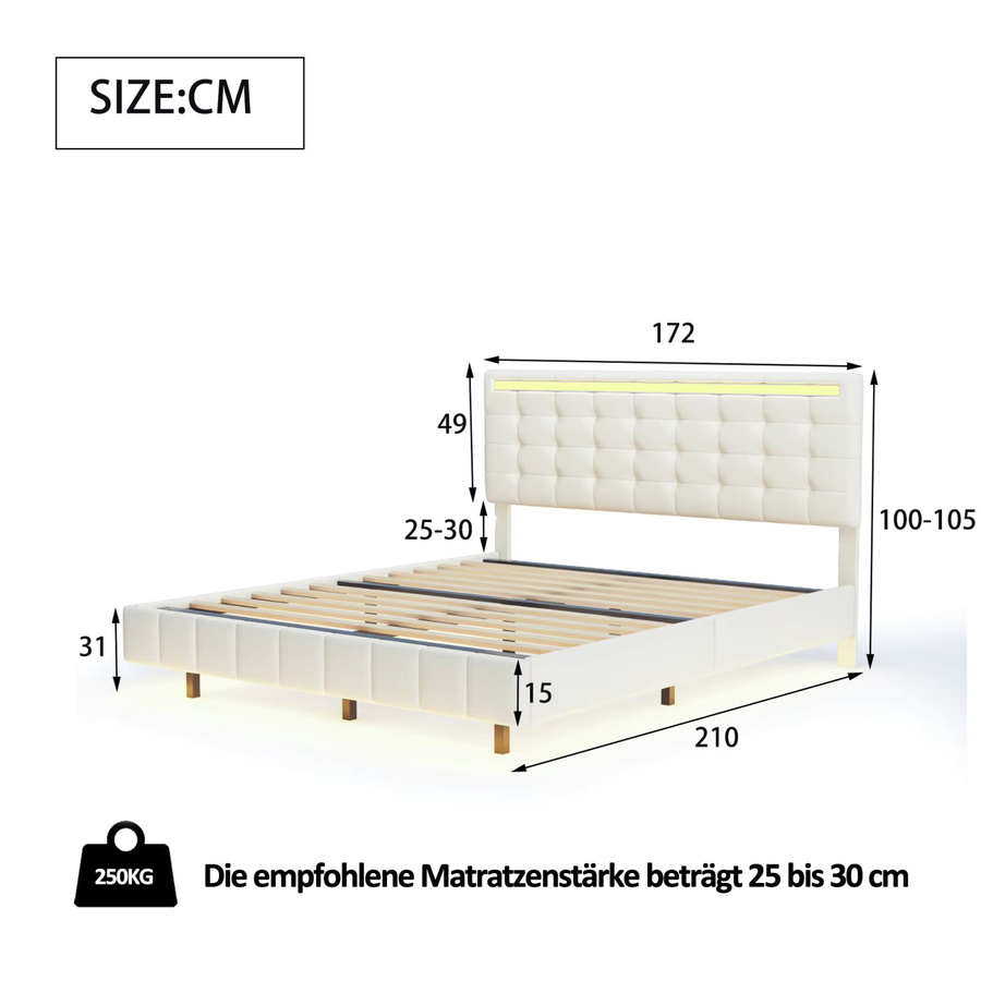 Superaly Polsterbett mit LED-Beleuchtung und verstellbarem Kopfteil in Beige, B/T: 160 x 200 cm - Bild 2