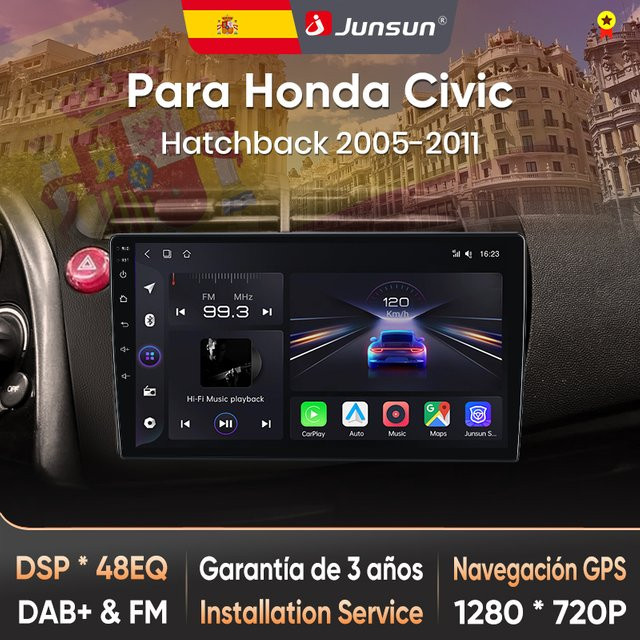 Junsun Radio VozAI für Honda Civic Hatchback 2005-2011, 2DIN Autoradio mit kabellosem CarPlay, AndroidAuto, Bluetooth, GPS und DAB+ in Schwarz - Bild 1