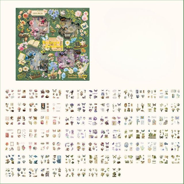 Mango Event Vintage Aufkleber Set mit Schmetterlingen und Blumen in Grün für Scrapbooking und DIY Junk Journal, 100 Stück - Bild 1