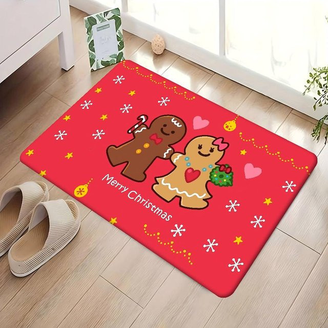 VIKAMA Weihnachts-Teppich mit Lebkuchenmann- und Schneeflocken-Motiv in Rot für Wohnzimmer und Eingangsbereich - Bild 1