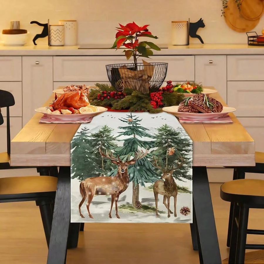JIT 1 Weihnachts-Tischläufer aus Polyester mit Hirsch- und Kiefernwald-Motiv in Mehrfarben, rustikale Esstisch-Dekoration - Bild 3