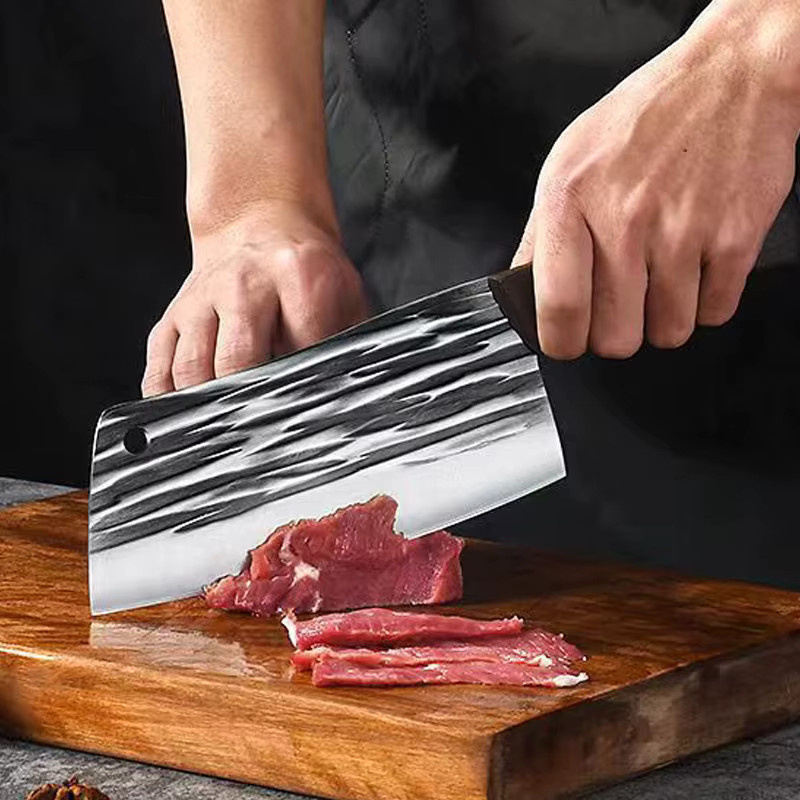 InLeung Handgeschmiedetes Küchenmesser Cleaver aus Silberfarbenem Stahl mit Holzgriff - Bild 2