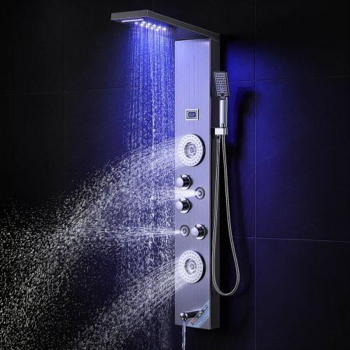 VEVOR Duschpaneelsystem aus Edelstahl in Silber mit 6 Duschmodi, LED-Display, Regenbrause, Wasserfall, 4 Körpermassagedüsen, Handbrause und Wannenauslauf, wandmontiert - Bild 1